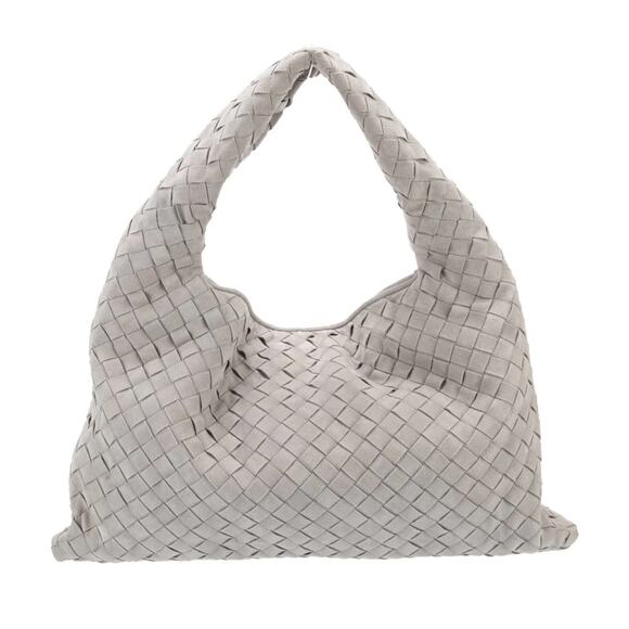 Bottega Veneta Handbags - Bottega Veneta Small Hop Intrecciato Grey Suede Shoulder Bag in Sterling Brass